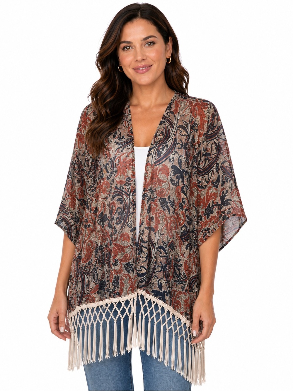 Floral Kimono with Fringe Blue Orange Lightweight Layer Sz L